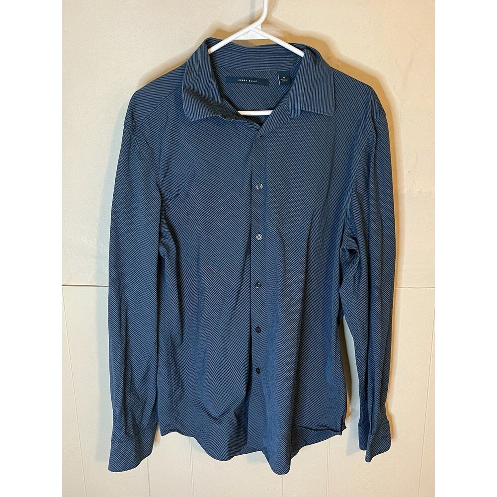 Perry Ellis Mens XL Blue Striped Button Up Long Sleeve Dress Shirt 100% Cotton